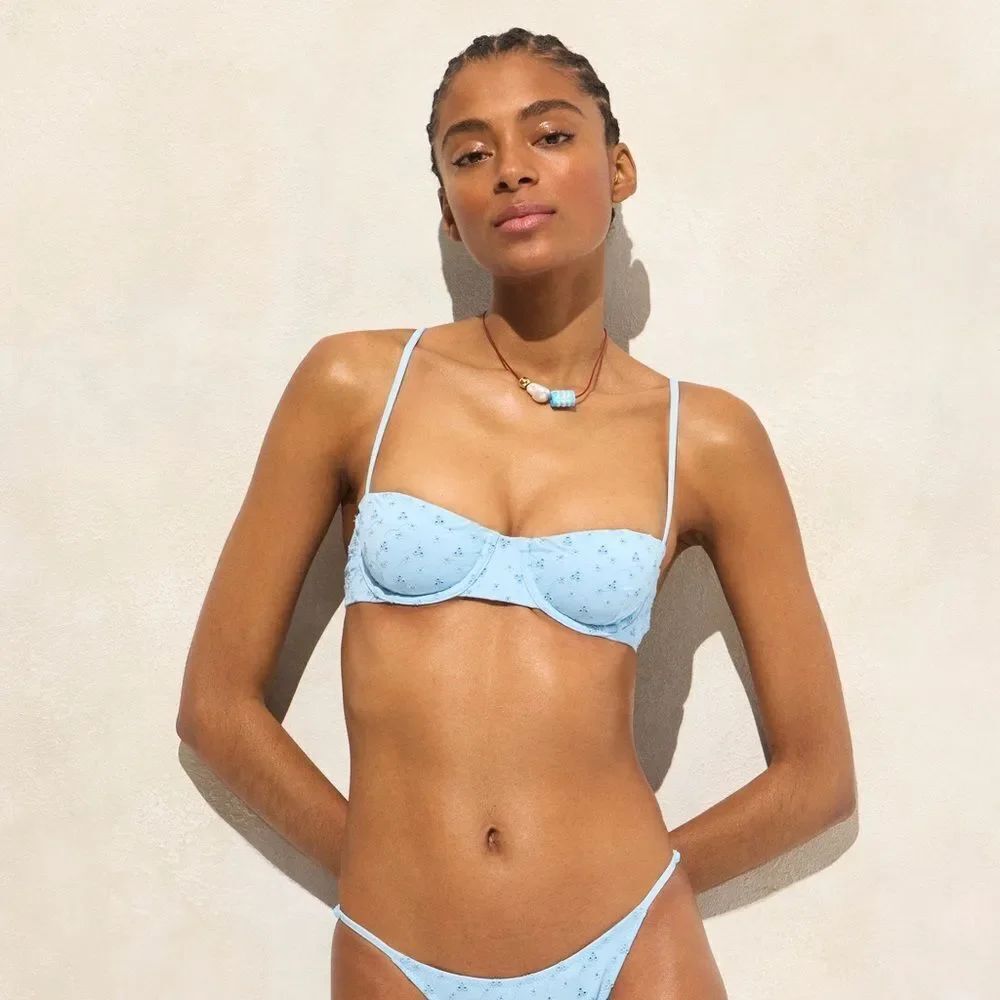 NWT J CREW Eyelet balconette underwire bikini top in “Calm Blue” size 32A